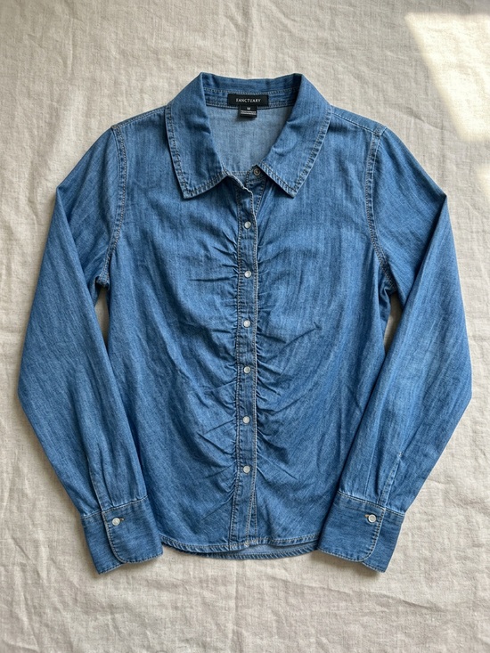 Sanctuary Tops - Sanctuary Ruched Denim Button Down Western Pearl Snap Shirt Medium
